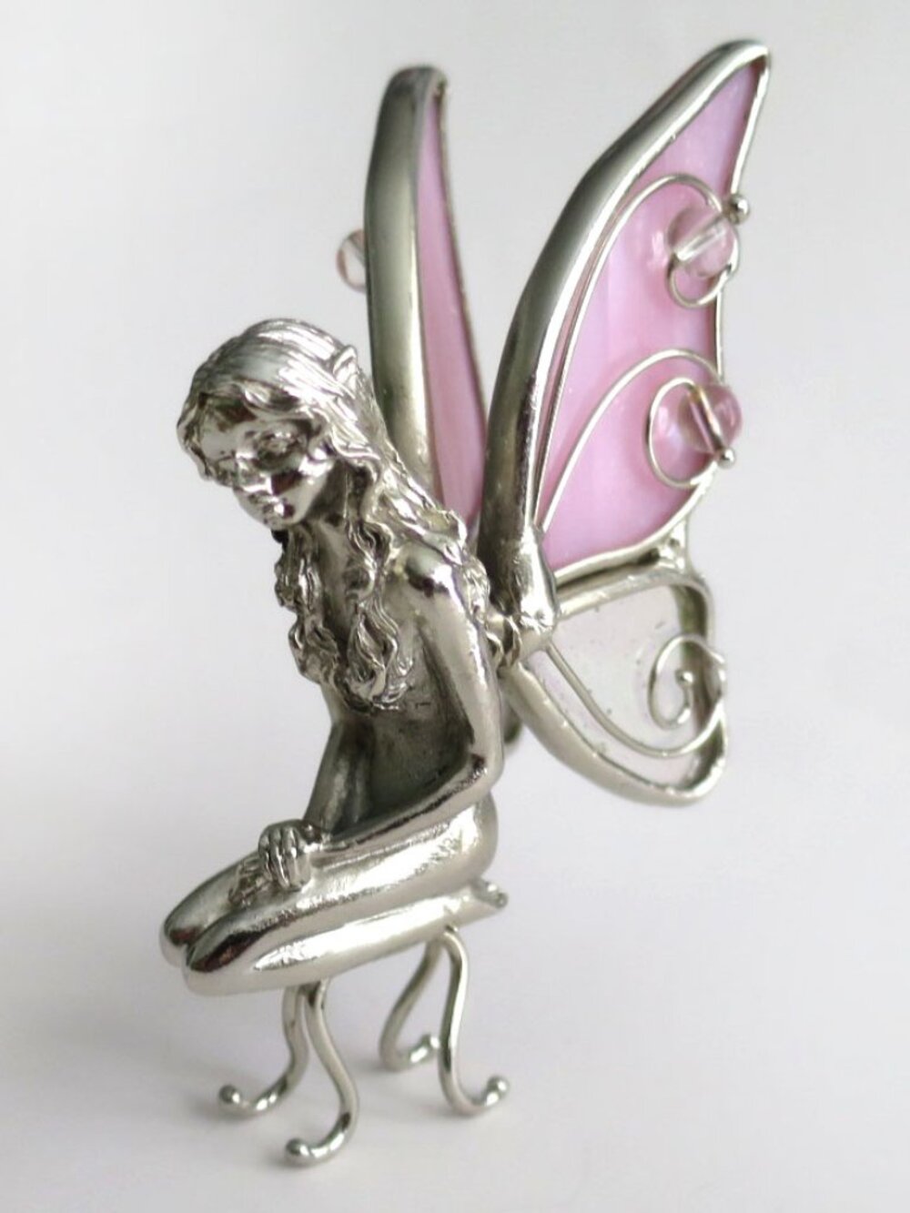Vintage Solid Metal Fairy Figure with Stained Glass Wings